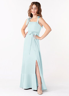 Azazie Barbara Junior Sea Glass A-Line Bow Matte Satin Dress image1