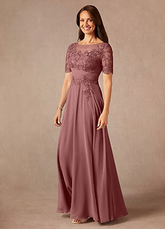 Azazie Raissa vestidos de madre de la novia Vestido de Rosa Del Desierto de Gasa de Corte En A con Encaje image3