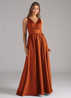 Azazie Kora Bridesmaid Dresses Cinnamon A-Line Pleated Stretch Satin Dress image1
