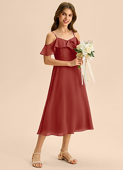 Azazie Kamilla Junior Vestido de Terracota de Gasa de Corte en A con Vestidos sin tirantes image1