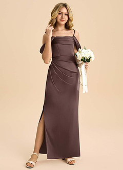 Azazie Saige Junior Robe Fourreau en Satin extensible Épaule décolletée Ganache image4