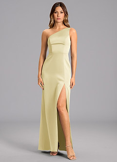 Azazie Feby Final Sale Lemon Sorbet A-Line One Shoulder Stretch Satin Dress image4