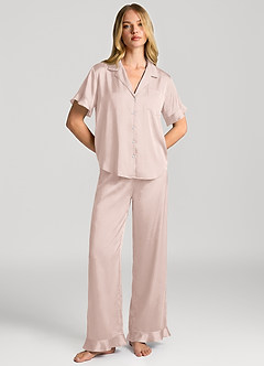 front Matching Color Ruffled Short Sleeve Long Pants Pajama Set