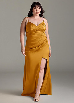 Azazie Yola Brautjungfernkleider Wandelbar Etui Plissee mit V-Ausschnitt Stretch-Satin Kleid Butterscotch image9