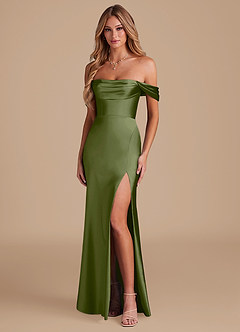 Azazie Saige Bridesmaid Dresses Olive A-Line Off the Shoulder Metallic Satin Convertible Dress image1