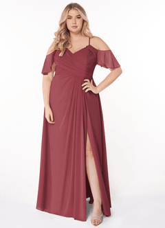 Azazie Dakota Bridesmaid Dresses Merlot A-Line V-Neck Pleated Chiffon Dress image7
