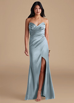Azazie Yola Bridesmaid Dresses Dusty Blue Sheath Pleated Metallic Satin Dress image1