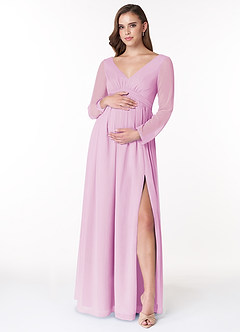 Azazie Teton Brautjungfernkleider für Schwangere A-Linie Langarm Chiffon Bodenlänge Kleid image1