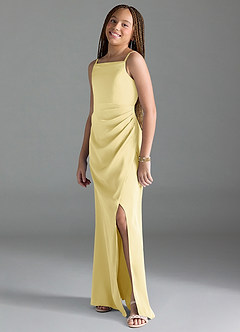 Azazie Leonis Junior Lemon Sorbet A-Line Pleated Stretch Satin Dress image4