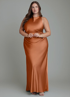 Azazie Evadne Bridesmaid Dresses Copper Sheath Pleated Stretch Satin Dress image10