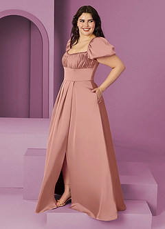 Barbie ♥ Azazie Robes de demoiselle d'honneur Robe Trapèze en Satin extensible Rayé Rosette image9