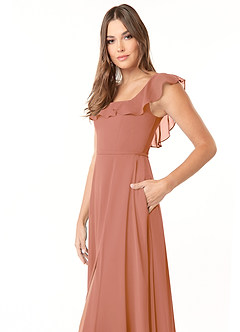 Azazie Jinny Vestidos de damas de honor Vestido de Mai Tai de Gasa de Corte en A con Cuello Cuadrado Acanalado image5