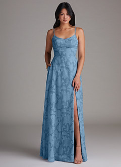 Azazie Moira Bridesmaid Dresses Steel Blue A-Line Side Slit Floral Burnout Dress image1