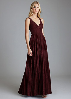 Azazie Mirella Final Sale Cabernet A-Line Pleated Floral Burnout Dress image4