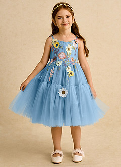 Azazie Osea Flower Girl Dresses Steel Blue Ball-Gown Pleated Tulle Dress image6