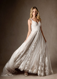Azazie Delaina Wedding Dresses Diamond White Caramel A-Line V-Neck Sequins Tulle Dress image11