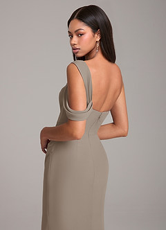 Azazie Wynter Bridesmaid Dresses Taupe Sheath Off the Shoulder Chiffon Dress image2