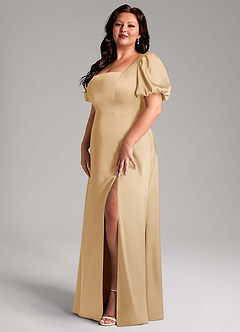 Azazie Fyona Bridesmaid Dresses Gold A-Line Pleated Stretch Satin Dress image10