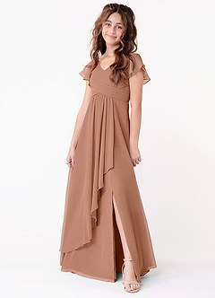 Azazie Omari Junior A-Linie Gestreift Chiffon Kleid Champagner Rosa image1