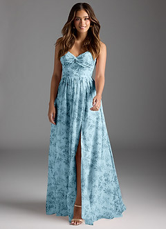 Azazie Zeya Abiti da Damigella Abito A-Line in Chiffon con Scollo a V a Pieghe Blue Fern Floral image3