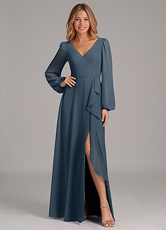 Azazie Simone Bridesmaid Dresses Neptune A-Line Long Sleeve Chiffon Dress image1