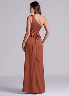 Azazie Phaedra Bridesmaid Dresses Auburn A-Line One Shoulder Stretch Satin Dress image5