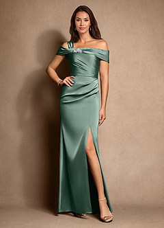 Azazie Altonia Moeder van de bruid jurken Zeemeermin Jurk van Stretch Satijn Off the Shoulder Eucalyptus image1