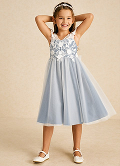 Azazie Sunnie Flower Girl Dresses Dusty Blue A-Line Lace Tulle Dress image4