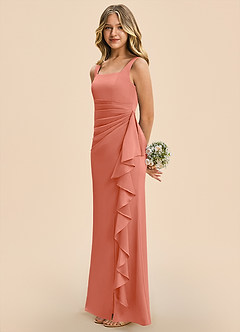 Azazie Adrienne Junior Salmon Pink Sheath Pleated Stretch Satin Dress image5