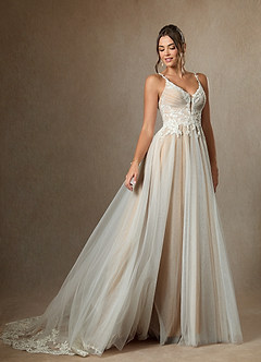 Azazie Devi Wedding Dresses Diamond White Nude A-Line V-Neck Lace Tulle Dress image6
