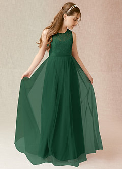 Azazie Georgette Junior Dark Green A-Line Lace Tulle Dress image1