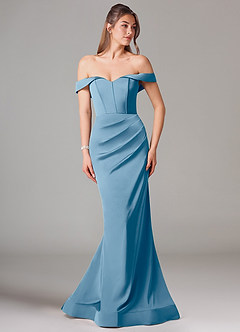 Azazie Everly Jurken voor bruidsmeisjes Converteerbaar Jurk van Stretch Satijn met Zeemeermin Off the Shoulder Staal Blauw image3