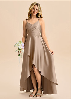 Azazie Eirlys Junior A-Linie Plissee Stretch-Satin Kleid Taupe image1