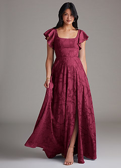 Azazie Bondi Bridesmaid Dresses Burgundy A-Line Side Slit Floral Burnout Dress image6