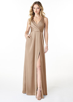 Azazie Nelly Bridesmaid Dresses Taupe A-Line V-Neck Pleated Stretch Satin Dress image1