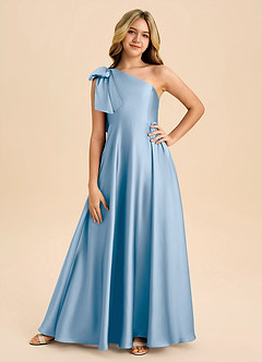 Azazie Penguin Junior Powder Blue A-Line Bow Stretch Satin Dress image3