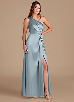 Azazie Brooke Bridesmaid Dresses Dusty Blue A-Line One Shoulder Metallic Satin Dress image3