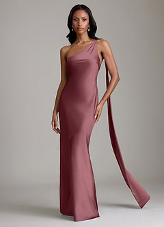 Azazie Juniper Bridesmaid Dresses Desert Rose Mermaid One Shoulder Stretch Satin Dress image4