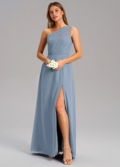 Azazie Phaedra Robes de demoiselle d'honneur Robe Trapèze en Mousseline de soie Ue épaule Bleu Poussiéreux image4