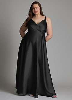 Azazie Amani Vestidos de damas de honor Vestido Negro de Satén Elástico de Línea A con Plisado image8