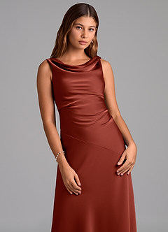 Azazie Nerine Brudtärnklänningar Klä av A-Linje i Stretch Satin Plisserad Terrakotta image6