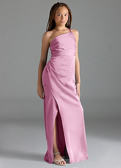 Azazie Eren Junior Candy Pink Sheath Pleated Stretch Satin Dress image1