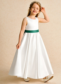 Azazie Cherry Flower Girl Dresses Ivory Emerald Ball-Gown Pleated Matte Satin Dress image5