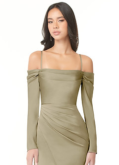 Azazie Hallie Bridesmaid Dresses Moss Green Sheath Off-The-Shoulder Long Sleeve Stretch Satin Convertible Dress image2