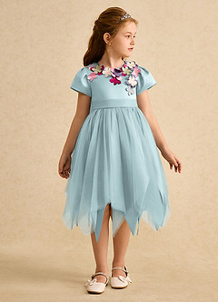 Azazie Janna Flower Girl Dresses Mist A-Line with Sleeves Matte Satin Dress image4