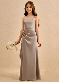 Azazie Cannoli Girls Formal Flower Girl Dresses Taupe A-Line Pleated Stretch Satin Dress image3