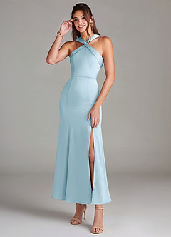 Azazie Rue Vestidos de damas de honor Vestido de Azul Cielo de Satén Elástico de Corte Sirena con Plisado image1