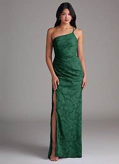 Azazie Eren Bridesmaid Dresses Dark Green Sheath One Shoulder Floral Burnout Dress image1