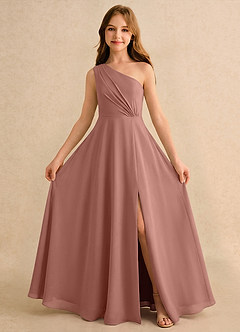 Azazie Puddles Girls Formal 플라워 걸 드레스 A라인 한쪽 어깨 쉬폰 플로어 길이 드레스 image5