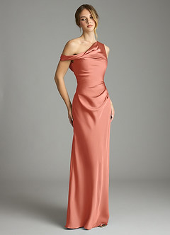 Azazie Emerson Bridesmaid Dresses Salmon Pink Mermaid Off the Shoulder Stretch Satin Dress image5